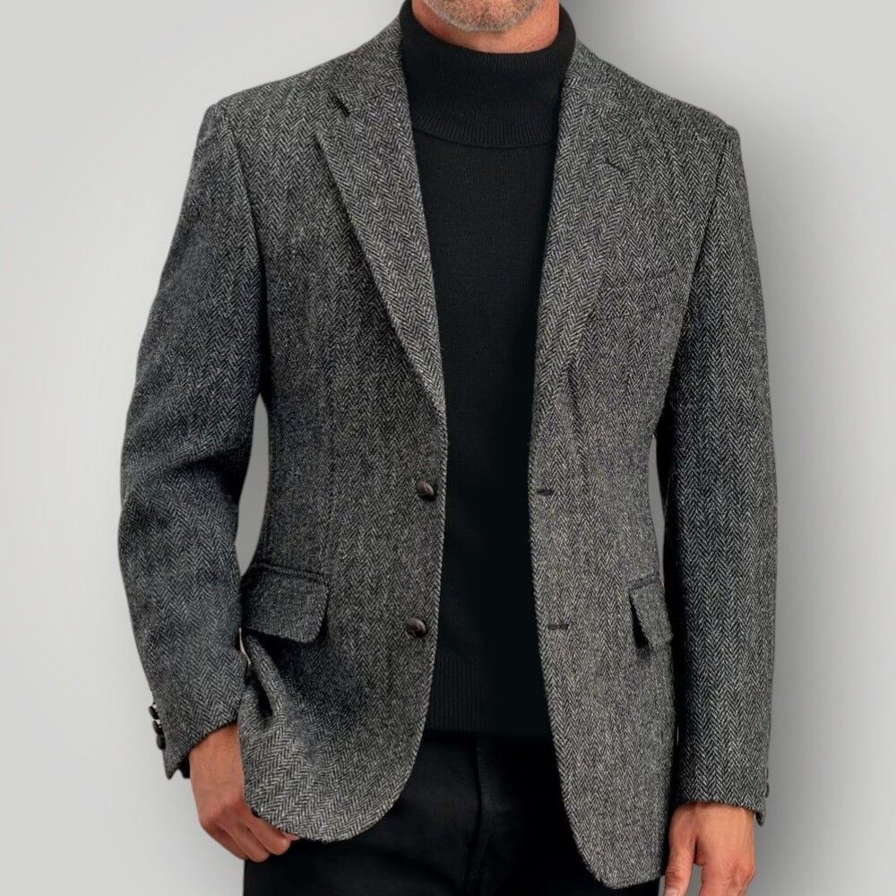 HARRIS TWEED WOOL Mens Blazer Sport Coat 2-Button Jacket Gray Herringbone 42R